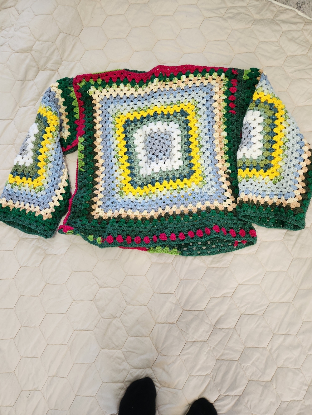 Handmade Multicolor Crochet Square Cardigan - Green, Yellow, Blue